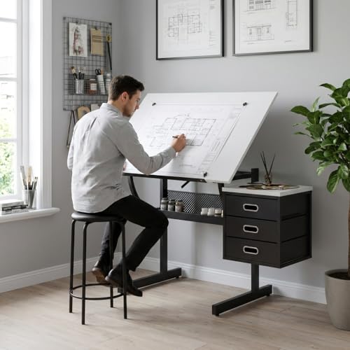 VENLUSUIR Drafting Table with Storage and Stool