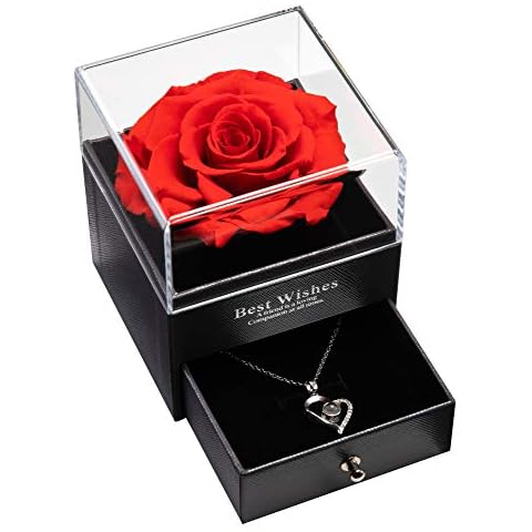 Preserved Real Rose Drawer with I Love You Necklace 100 Languages Gift Set, Enchanted Real Rose Flower for Valentine's Day Anniversary Wedding Romantic Gifts for her (Red Rose) Cover