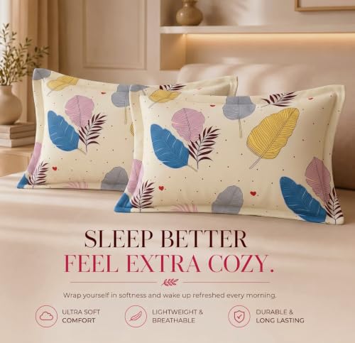 Image of HOMEKART Glace Cotton 160 TC Leaf Printed Double Bedsheet with 2 King Size Pillow Covers | Soft & Durable | 86 x 88Inches (White & Blue)