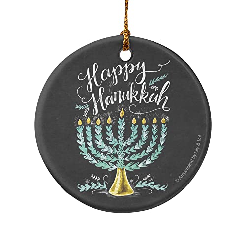 Happy Hanukkah Menorah Porcelain Holiday Christmas Tree Ornament - 2.8