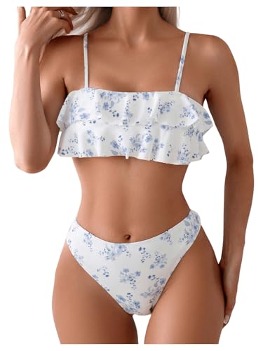 Floerns Traje de baño de dos piezas para mujer, diseño floral, con volantes y cintura alta, Azul y blanco, Large