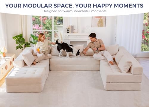 Image of MAXYOYO Modular Sectional Sofa Couch, Foldable Oversized U Shaped Cloud Couch with Pillows, Tufted Boneless Lounger Floor Sofa Bed for Living Room, No Assembly Required, Beige