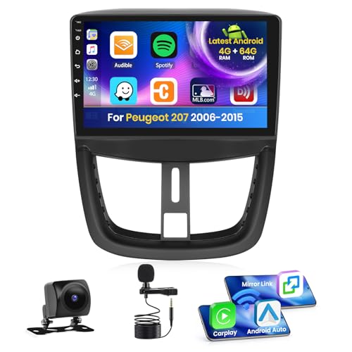 Inefala 4+64G Stereo para Peugeot 207 2006-2015 Android 15 con Wireless Carplay y Android Auto, 9'' Radio Pantalla con Bluetooth 32EQ GPS FM/RDS SWC AHD Cámara Inversa