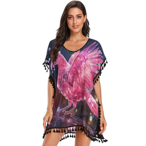 Pink Pattern Art Parrot Women's Beach Cover Up Chiffon Tassel Swimwear Swimsuit Coverups for Girl