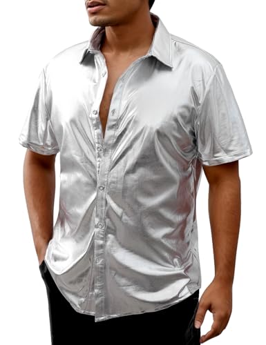 Chemise disco année 70 homme coloris métallisé brillant à manches courtes