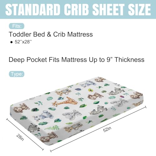 Image of Jungle Safari Animals Tropical Leaf Baby Crib Sheets 52''x28'' Leopard Elephant Giraffe Zebra Hippo Monkey Stretchy Fitted Crib Mattress Cover for Boy Girl Bed Sheet for Standard Crib Toddler Mattress