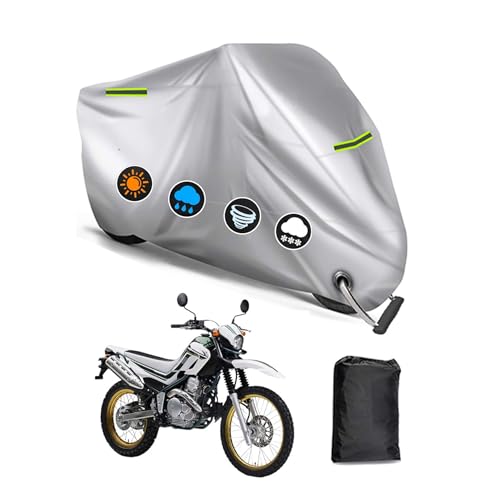 バイクカバー ヤマハセロー250 専用 バイクカバー バイクボディーカバー 3つの反射ストリップ 原付カバー UVカット 凍結防止カバー 車体カバー 盗難防止 ワンタッチバックル付き ロック穴付き オールシーズン対応 【収納バッグ付き】 (シルバー)