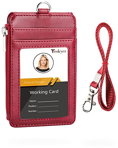 Teskyer Badge Holder with Side Zip Pocket, Multiple Card Slots Leather ID Holder Wallet with Neck Lanyard for Office Staffs, Teachers/Students, Couriers, Workers, Red