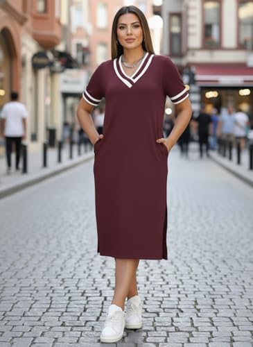 Image of Women's V-Neck Sporty T-Shirt Dress | Stylish Striped Sleeve One Piece for Women | Casual Summer Knee Length Short Dress | Trendy Beach & Resort Wear Western Dress (26 D-1-3)