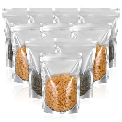 100 Pack 7 x 10 Inch Stand Up Pouch Bags with Resealable Lock Seal Zipper Clear Front Aluminium Foil Back Mylar Bags Reusable Food Storage Bags for Multipurpose