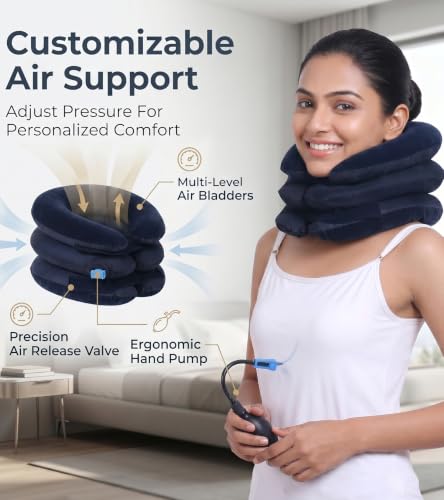 Image of Dimore Inflatable Neck Brace Pillow Cervical Neck Traction Device Adjustable Stretcher,Ideal for Spine Alignment and Chronic Neck Pain Relief. (Blue)