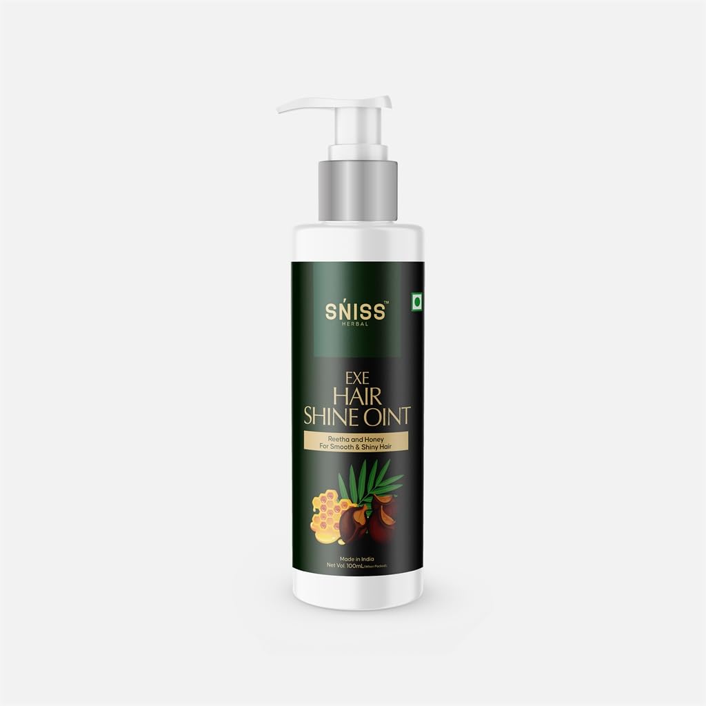sniss herbal exe hair shine oint with reetha & honey, 100 ml | smooth & shiny hair, herbal formula, pump dispenser, reetha & honey, made in india