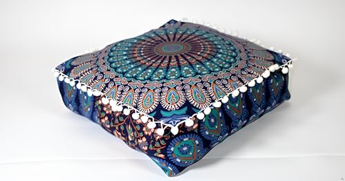 INDIAN CRAFT CASTLE ICC Mandala Barmeri Large Floor Pillow Cover Cushion Meditation Seating Ottoman Throw Cover Hippie Decorative Zipped Bohemian Pouf Ottoman Cases Blue Peacock, 18" Square