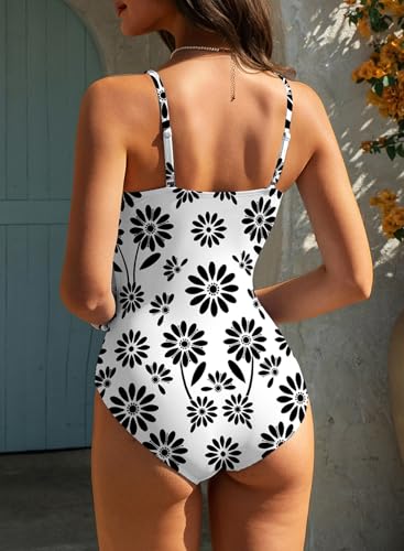 Aleumdr V Neck One Piece Swimsuit for Women Smocked Color Block Tummy Control Bathing Suits Modest Summer Beach Swimwear White X-Large — view 3