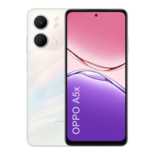 OPPO A5x 4G Smartphone, Grande Batterie de 6000mAh, Rapide SUPERVOOC 45W, Appareil Photo 32MP avec IA, IP65, Écran LCD 6,67 Pouces 90Hz, Snapdragon 6s 4G Gen 1, NFC, Dual SIM, 4Go + 128Go, Blanc