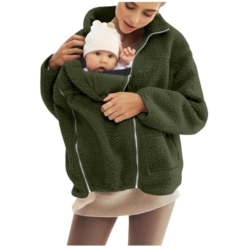 Image of Flodxo Women Maternity Jacket Winter Warm Teddy Bear Coats Fluffy Fleece Jacket for Pregnant Windproof Thermal Cosy Plush Baby Carrier Coat Zip Up Sweatshirts Sherpa Fuzzy Overcoat Army Green M