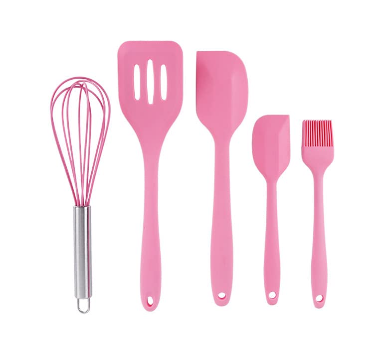 Image of Oren Empower Set of 5 Pcs Silicone Spatula & Kitchen Utensil with Hook Design for Cooking, Baking & Mixing /Non-Stick BPA Free /Heat Resistant Item, Flexible Non Toxic Silicon Cookware Tools - Pink