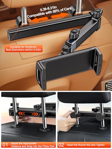 Image of Car Headrest Tablet Stand, Extension Arm Mount for 4.7-12.9 inch Tablets, Compatible with iPad Pro, Air, Mini, Galaxy, Fire | Adjustable Extension Arm & 360 Rotating Clamp with Anti-Slip Pads,Metal Rod Easy Install on Headrest Poles,for Backseat Kids