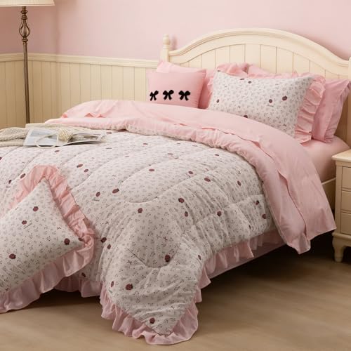 Image of A Nice Night Red Bow Comforter Set,Ruffle 6Pcs Bed in a Bag Matching Sheet Set, Bowknot Bedding Sets,Princess Style Strawberry Flower Printed Room Decor for Girls,Queen