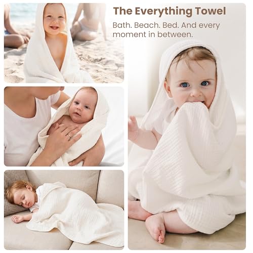 Image of Konssy 2-Pack Muslin Hooded Baby Towels, 100% Cotton, Ultra-Soft & Absorbent Baby Bath Towels with Hood for Newborn & Infant (Pink, Floral,32 inch x 32 inch)