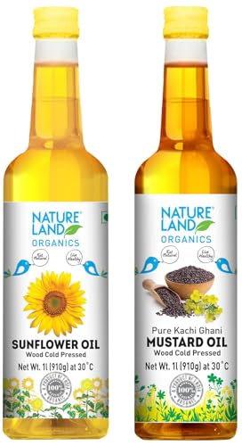 Image of Natureland Organics Kachhi Ghani Pure Mustard Oil 1 LTR - Cold Pressed + Natureland Organics Sunflower Oil 1 LTR - Cold Pressed