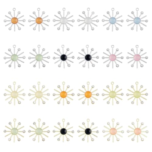 SUPERFINDINGS 24Pcs 12 Colors Cat Eye Sun Pendants Alloy Sunflower Charms with Crystal Rhinestone Dangle Pendants for DIY Bracelet Necklace Earring Jewelry Making