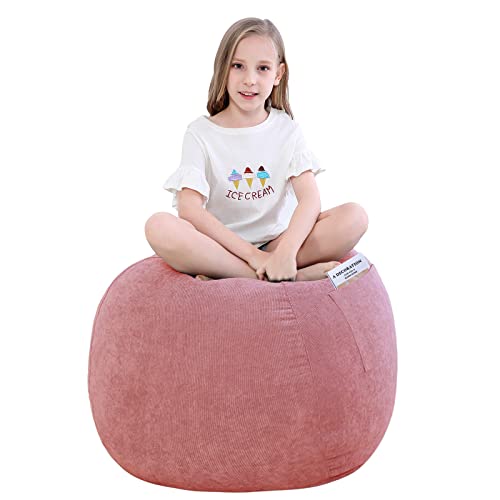 SANMADROLA Stuffed Animal Storage Bean Bag Chair Cover (No Beans) for Kids and Adults.Soft Premium Corduroy Stuffable Beanbag for Organizing Children Plush Toys or Memory Foam Small 100L (Pink)