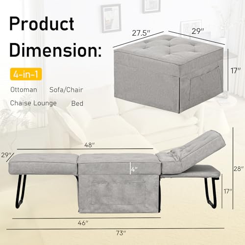 Sleeper Ottoman Bed Chair, 4 in 1 Folding Ottoman Chair Bed with Adjustable Backrest & Pillow, Multi-Function Futon Couch No Assembly for Small Space Living Room Apartment Office, 28\"Width Light Grey