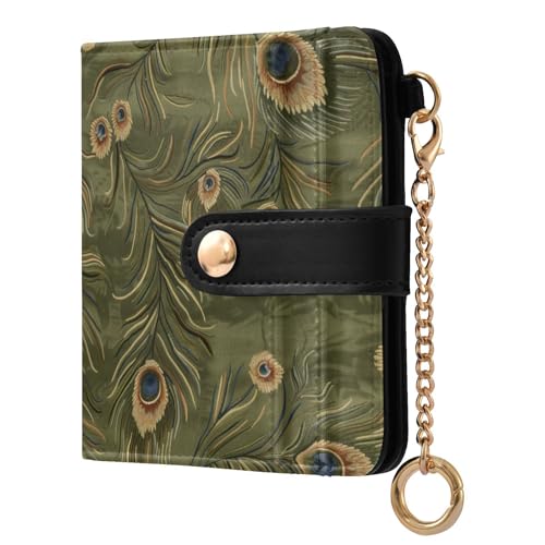 EtherSpher Portefeuille pliable minimaliste en cuir PU avec plumes de paon vert olive pour femme et fille