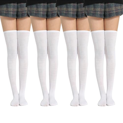 UILYNIU 4 Paires Chaussettes Hautes Montantes Femme, Blanches, Filles, de Genoux Chaudes, pour Vie Quotidienne, Fête