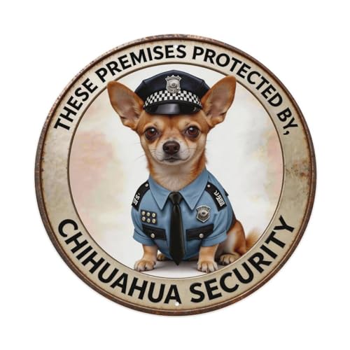 THESE PREMISES PROTECTED BY CHIHUAHUA SECURITY Funny Warning Retro Round Tin Metal Sign, Vintage Wall Metal poster 8x8 Inch