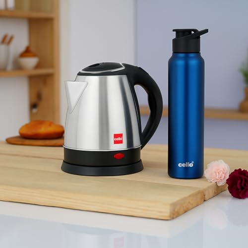 Image of CELLO Lifestyle Stainless Steel Electric Kettle 1.5L + Sippa Steel Water Bottle 1000 ml Blue Combo | Double Wall, Auto-Shut Off Protection, Cool Touch Handle | Electric Kettle For Boiling Hot Water