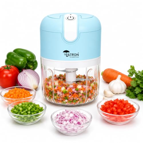 Image of ULTRON Electric Chopper USB Rechargeable | 30W Powerful Motor | 250ml Mini Vegetable Chopper | Stainless Steel Blades | One-Touch Operation | BPA Free Container | Portable Kitchen Chopper (Blue)