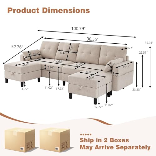 Image of 101 inch Sectional Sofa U Shaped Couch with Storage Ottomans, 4 Seater Convertible Couches for Living Room | Linen Fabric | 2 Movable Ottoman Reversible Chaises | Sectional Couch Set, Beige