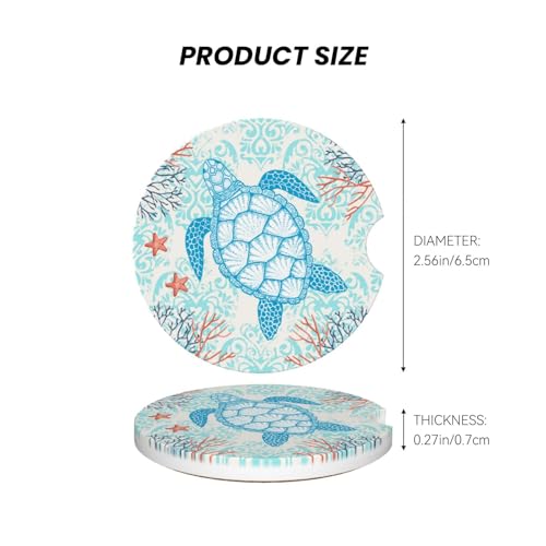 Image of Sea Turtle Ocean Car Coasters for Cup Holder - Absorbent Ceramic 2 Pack With Anti-Slip Cork Base and Finger Notch - Interior Accessories for Women Men 2.56 inch