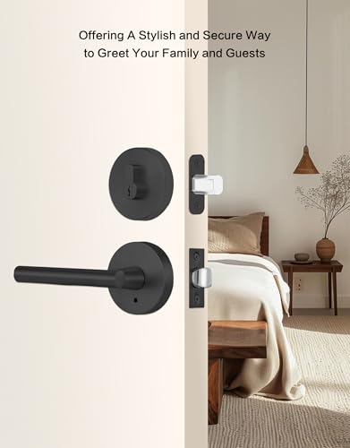 Image of Lethato Black Door Handle and Deadbolt Set, Heavy Duty Front Door Lock Set, Exterior Door Lever Single Keyed Round Deadbolt Lock (2 Pack)
