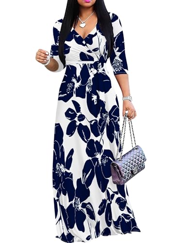 Image of Women's V Neck Floral Maxi Dress 3 /4 Sleeve Plus Size Boho Wrap Flowy Long Dresses with Belt