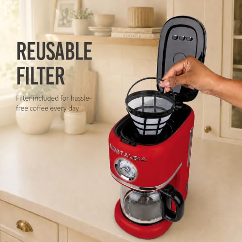 Image of Nostalgia Classic Retro 10 Cup Coffee Maker - One-Touch Drip Brew, Reusable Filter - Anti-Drip, Auto Shutoff, & Time Display - Dishwasher Safe 50 oz Carafe - Red