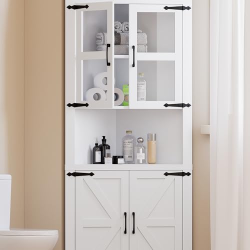 GarveeHome Tall Corner Cabinet, Farmhouse Corner Storage Cabinet with Glass Door & Adjustable Shelves, Space Saving Storage for Living Room, Kitchen, Bathroom, White