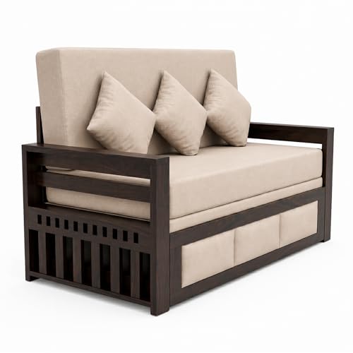 Image of SONA ART & CRAFTS Zeus Sheesham Wood 3 Seater Sofa Cum Bed | Wooden 3 Seater Sofa for Living Room Wooden Furniture Sofa Bed for Home (Walnut Finish)