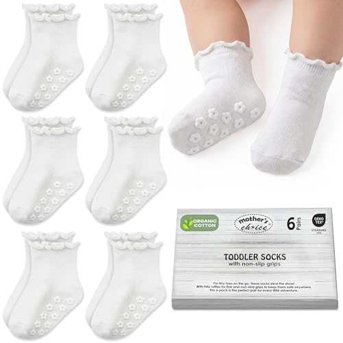Mothers Choice Organic Cotton Ruffle Baby Socks 6 Pairs Non Slip Socks For 6M To 5Y Toddlers With Soft Fabric For Daily Use (US Age 1 Year 3 Years White)