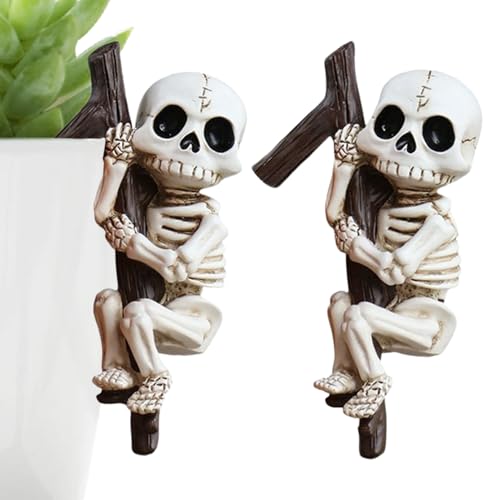Figura de esqueleto de Halloween - Calavera de esqueleto para decoración de Halloween | Decoración para decoración | Colgador de macetas espeluznantes de calavera | 2 piezas de decoraciones de resina