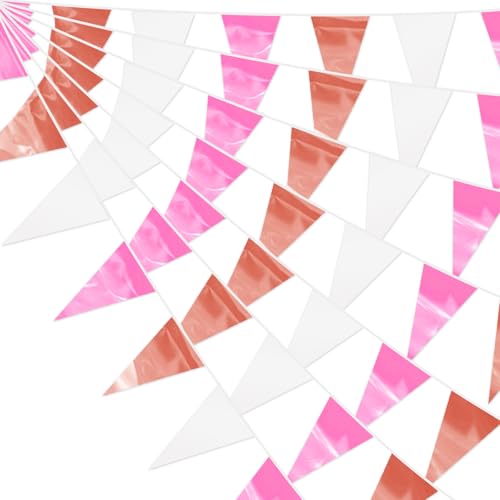 Image of 65FT Rose-Gold Pink Glitter Triangle Pennant Banner Flag Metallic Bunting Fabric Garland for Christmas Graduation Wedding Engagement Anniversary Bachelorette Bridal Shower Valentine's Party Supplies