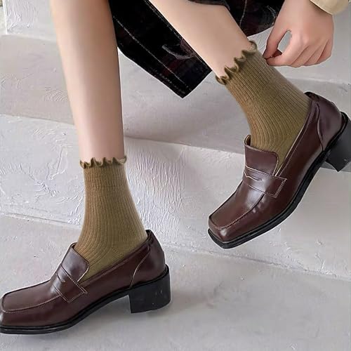 Image of DQCUTE Women's Ruffled Ankle Boot Socks - Soft Knit Cotton Lettuce Trim Crew Socks for Teen Women 6 Pairs