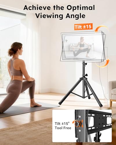 Image of Portable Tripod TV Stand for 32-75 inch TVs, Heavy Duty Outdoor Height Adjustable Floor TV Stand with 15 Tilt for Flat /Curved Screens, Holds up to 100lbs, Max VESA 600x400mm