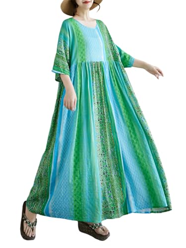 Image of Women Summer Dress with Pockets Plus Size Boho Floral Print Round Neck Loose Casual Flowy Dress