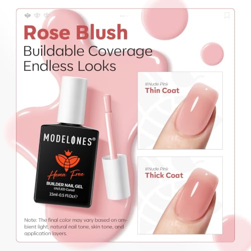 Image of modelones Builder Nail Gel Neutral Nude Pink HEMA-Free Builder Color Gel Polish | 8-in-1 Rose Blush Pink Rubber Base Gel Polish Strengthener for Nail Extension, Natural Apex, Weak Nail Support, U /V Cured