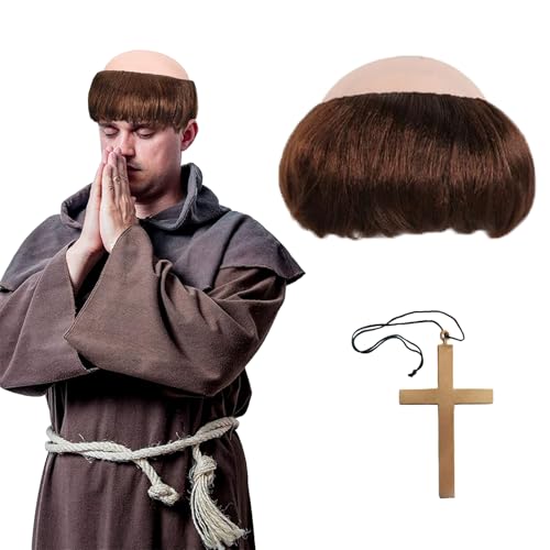 ATSNOSH - Peluca de monje para adulto, collar de cruz, gorra calva, peluca de sacerdote medieval, disfraz accesorios para Halloween, carnaval, fiesta temática, Cosplay (marrón)
