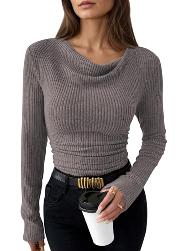 Pink Queen Women's Long Sleeve Cowl Neck Ribbed Knit Spring Shirts Slim Fit Ruched Going Out Tops Basic Tee Gray XS