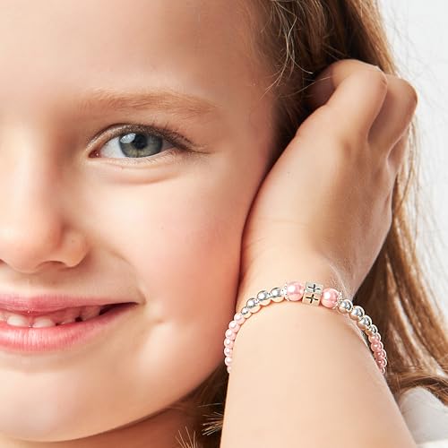 Image of Baby Crystals Pink Pearl Personalized Charm Bracelet for Girls, Sterling Silver Initial Charm Cross Charm Bracelet, Baptism Gifts for Girl, First Communion Christening, Keepsake Girls Jewelry